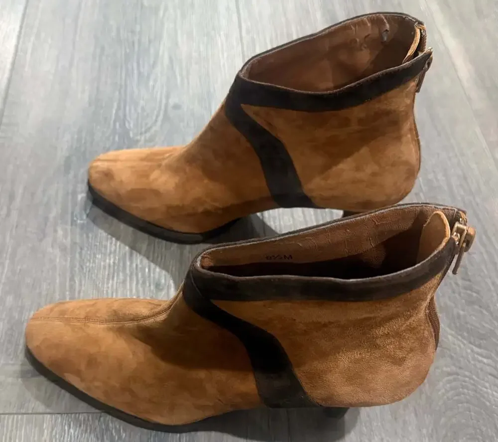 Vaneli Suede Ankle Boots 9.5M Brown Leather Trim Kitten Heel Italy Vero Cuoio